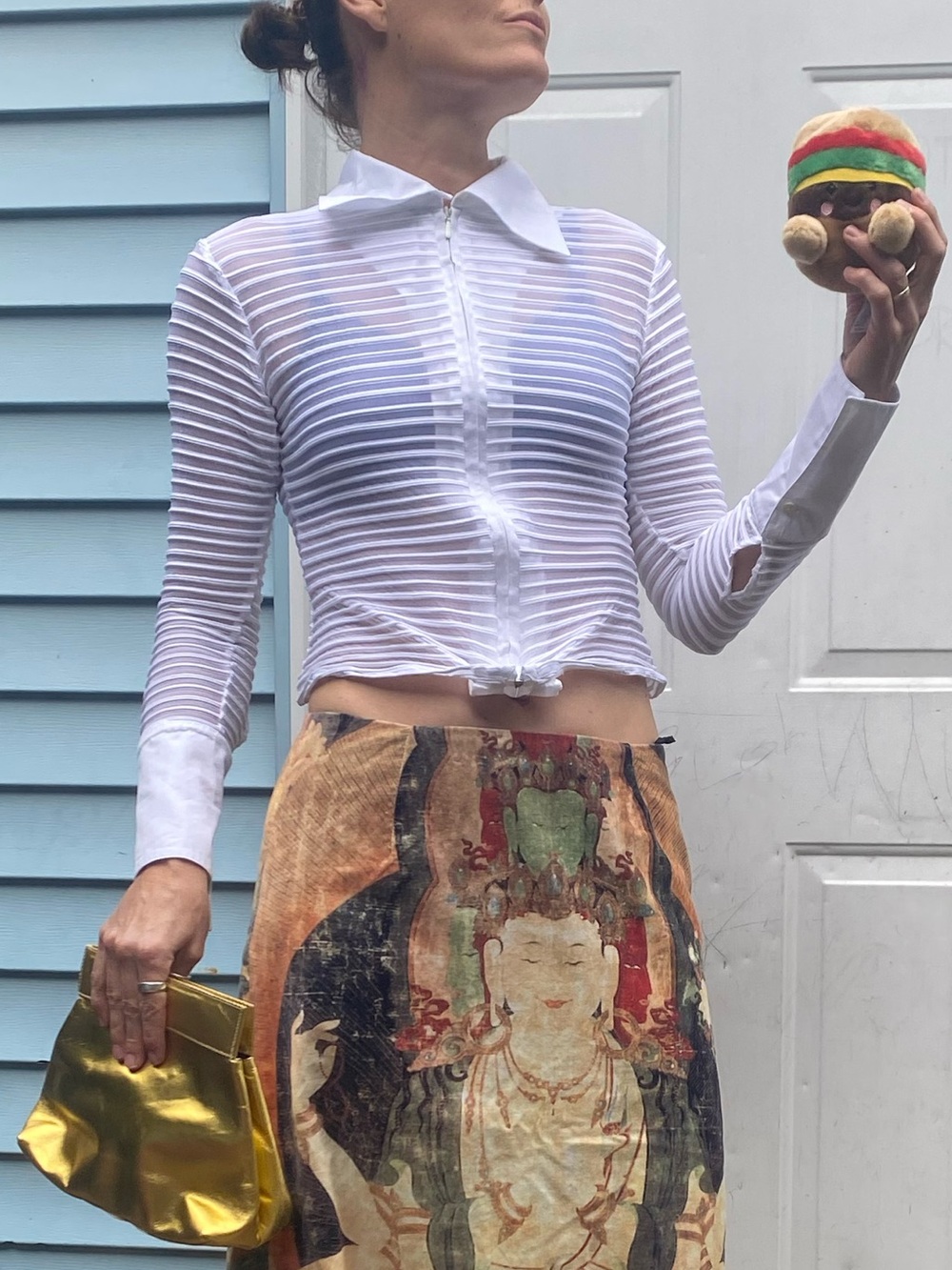 Y2K Rayure Paris White Sheer Striped Zip-Front blouse made in France